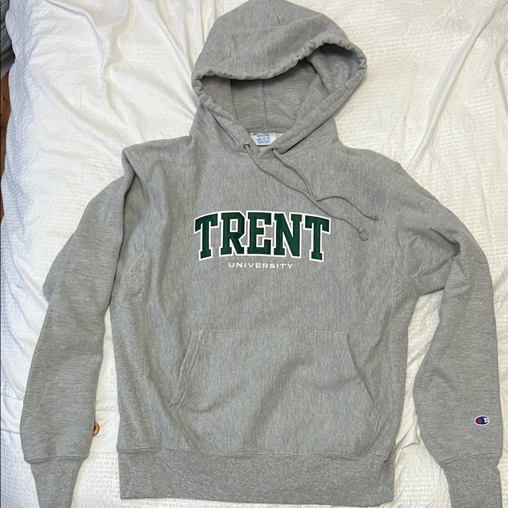 Champion Heather Gray Hoodie with Green Trent Logo